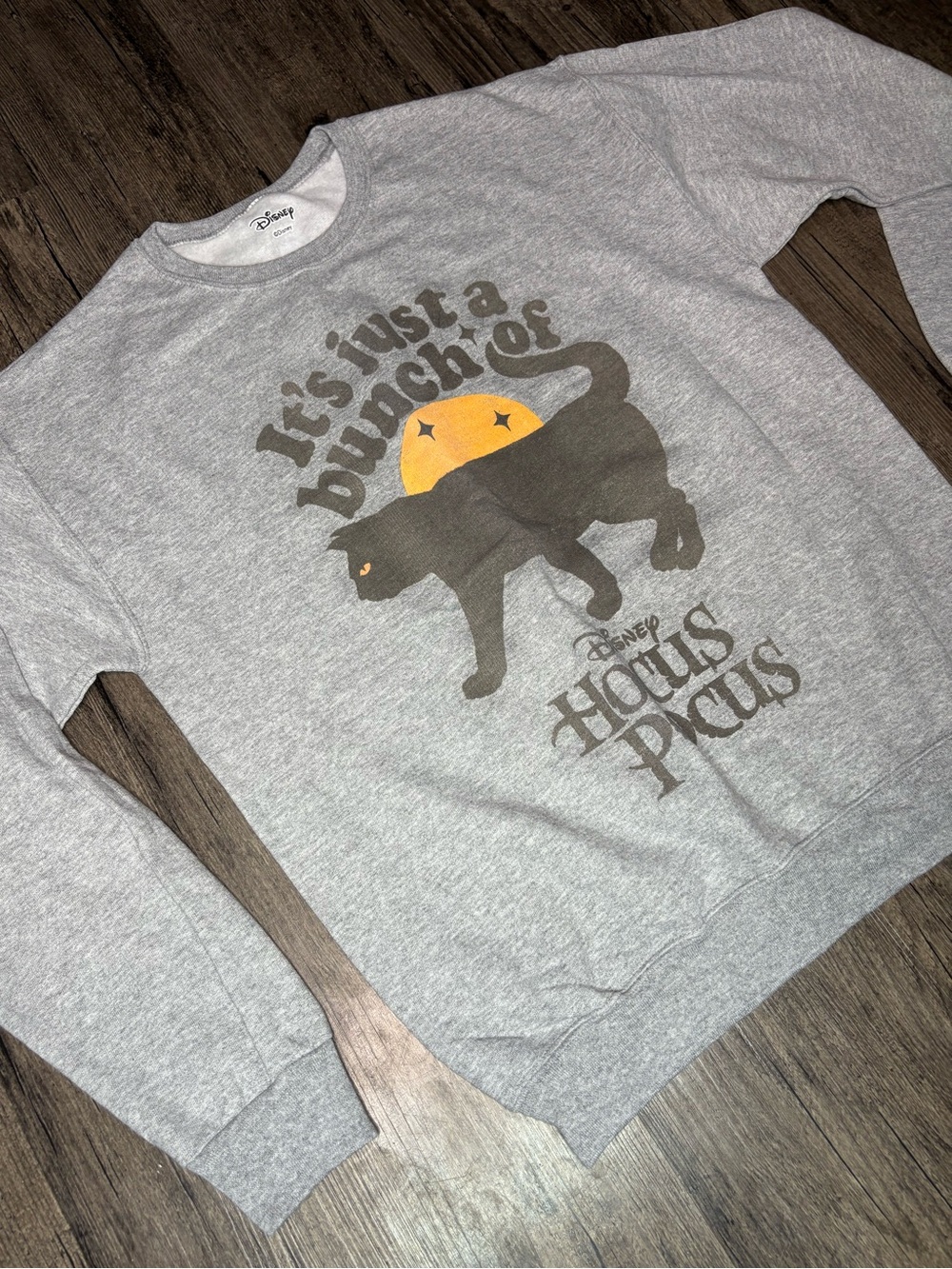 Disney Hocus Pocus Gray Crewneck Sweatshirt with Black Cat Binx and Yellow Moon